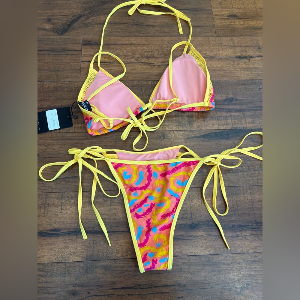 Icon Swim size XL Bikini Two Peice Pink Yellow Swirl tie closure adjustable NWT - Picture 3 of 4